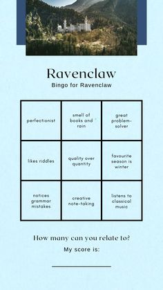 the ravenclaw game is shown with mountains in the background and words below it