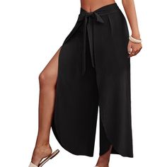 Women Wide Leg Pants Flowy Spring Summer Casual Beach Palazzo Pants Versatile Fashion Wide Leg Straight Pants Split Design Solid Summer Pants For Beach Season, Solid Color Summer Pants For Beach Season, Summer Beach Pants In Solid Color, Solid Color Summer Beach Pants, High Waist Black Pants For Beach Season, Black High Waist Pants For Beach Season, Stretch Solid Color Bottoms For Vacation, Stretch Bottoms For Vacation In Solid Color, Vacation Bottoms With Stretch And Solid Color