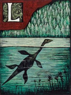 a painting of a bird flying over water with trees and grass in the back ground