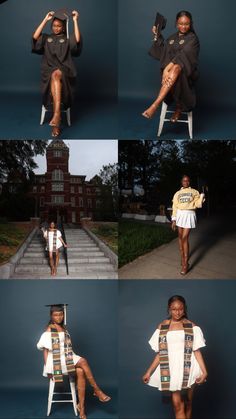 four different shots of a woman sitting on a chair in front of a building and posing for the camera