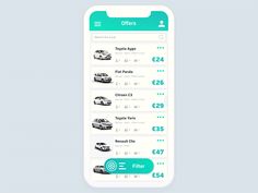 an iphone screen with cars on it and the price list displayed in blue, green and white