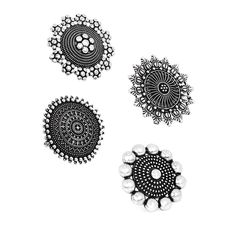 three black and white designs on a white background, one with beads in the middle