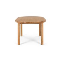 a wooden table with two legs and a small round shape on the top, against a white background