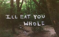 the words i'll eat you whole written in white chalk on a forest path