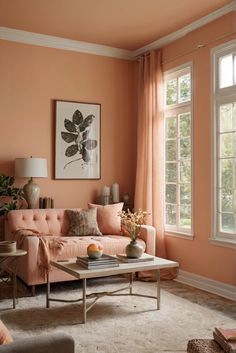 the living room is painted in peach and has an orange color scheme with white trim