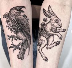 two black and white tattoos on both legs, one with an eagle and the other with a rabbit