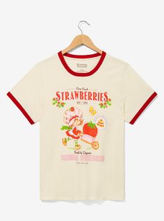 Keep comfy while harvesting in this Strawberry Shortcake shirt! This cream-colored ringer tee features a portrait of Strawberry with a pleasantly pink wheelbarrow  just above "Fresh and Organic Natural Sweetness" lettering.A BoxLunch Exclusive!CottonListed in women's plus sizes; unisex silhouetteWash cold with like colors; dry lowDo not iron over printImported Strawberry Shortcake Shirt, Strawberry Shortcake House, Turtleneck Crewneck, Top Gifts For Women, Womens Oversized Sweatshirts, Strawberry Shortcake Characters, Strawberry Farm, Slouchy Sweatshirt, Ringer Tee