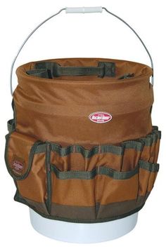 a brown bucket with two pockets on it