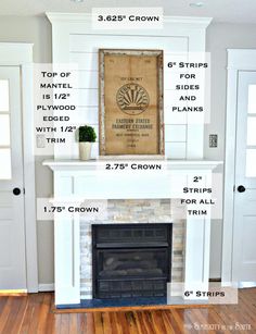 the fireplace mantel is labeled with instructions for how to put it in front of the door