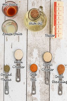 the ingredients needed to make this recipe are displayed on a white wooden table with measuring spoons