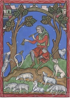 a painting with an image of a man playing the lute and other animals around him