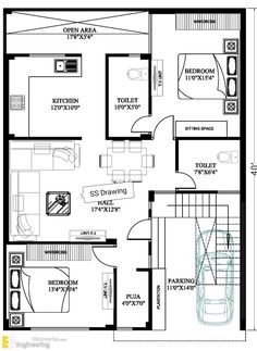 the floor plan for a two story house with an attached garage and living room area