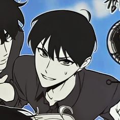 two anime characters one with black hair and the other with dark hair, are looking at something