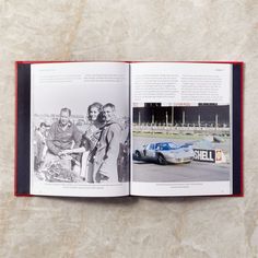 an open book with pictures of people and cars