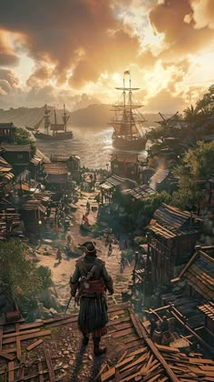 an image of a man walking down a path in the middle of a town with ships