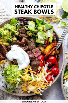 Chipotle Steak Bowls with rice and a load of fresh toppings make the ultimate high-protein meal packed with flavor and nutritious ingredients. This meal comes together in about 30 minutes once the steak is finished marinating for a bit. Skip the expensive take out and make these hefty steak bowls instead. Steak Power Bowls, Keto Protein Bowls, Steak Protein Meals, Meal Prep Steak Bowls, Low Carb Steak Bowl, Steak Meal Prep Healthy, Steak Salad Bowl, Steak And Shrimp Bowls, High Protein Rice Bowls