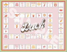 the game board for back to school, with words and pictures in different colors on it