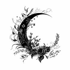 a black and white drawing of a crescent with flowers