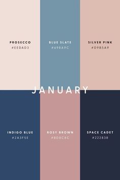 the color scheme for january is shown in several different colors and font styles, including blue, pink, red, purple, black