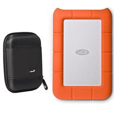 an orange and white hard drive next to a black case