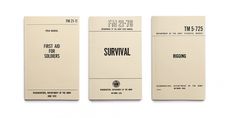 three book covers with the words survival and survival written in black ink on white paper