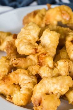 some fried food on a white plate with a blue towel in the backgroud