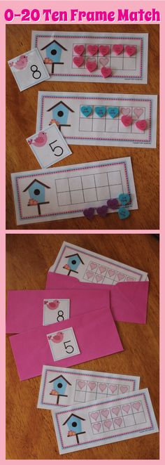 some pink paper with numbers on it and one is cut out to make a birdhouse