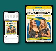 two cell phones with the sundry app on them, one showing an image of two women laughing