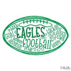 an american football with the words eagles written in green and white on it's side