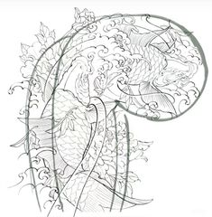 a drawing of a koi fish with waves and leaves on it's back