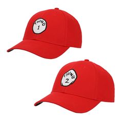 Embark on a whimsical journey with the Dr. Seuss 2-Pack red baseball cap combo set, showcasing the iconic "Thing 1" and "Thing 2" in bold black letters on a striking white circle. The cotton twill material ensures not just style but durability. The surprise illustrations of the Things under the bill add a playful touch to these officially licensed hats. Featuring adjustable snapback closures, these hats promise a personalized fit for your unique style. When it comes to care, hand wash them in co Thing 1 Thing 2 Tshirts, Fun Red Snapback Baseball Cap, Red Snapback Hat, One Size Fits Most, Thing 1 And Thing 2 Matching Shirts, Novelty Red Baseball Cap One Size, Reds Baseball, Just Style, Whimsical Fashion, Scarf Hat