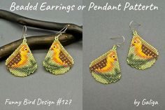 the beaded earrings or pendant pattern is designed to look like a bird on a tree branch