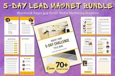 the 5 - day lead magnet bundle includes five pages and social media marketing graphics