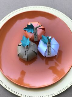 three pieces of origami on a pink plate