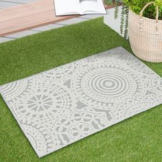 an outdoor area with grass, potted plants and a rug on the ground in front of it