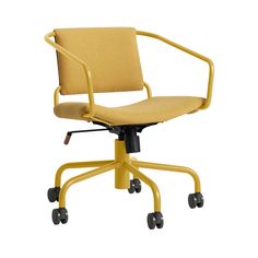 a yellow office chair with wheels on the back and seat upholstered to the side