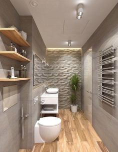 a modern bathroom with wood flooring and white toilet in the center, along with shelving on the wall