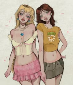 two young women standing next to each other in short skirts and yellow tops, one with her hand on her hip