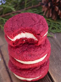 red velvet cookies stacked on top of each other