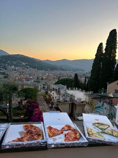 three pizzas sitting on top of white trays in front of a cityscape