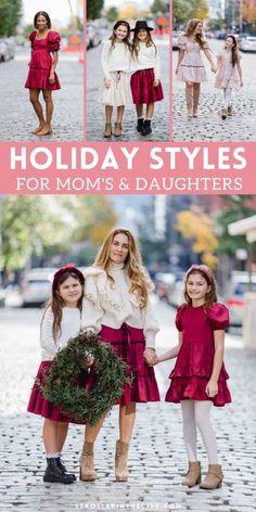 three girls in red dresses holding hands and smiling with the caption holiday styles for mom's & daughters