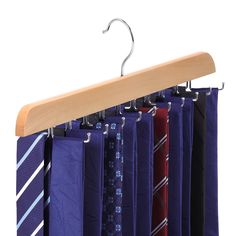 a tie rack with ties hanging from it's hangers and a wooden bar