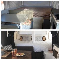 there are two pictures of the inside of a camper with beds and couches