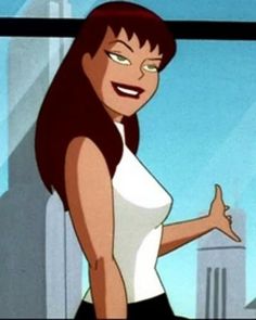 an animated woman standing in front of a window with her hand on her hip and looking at the camera