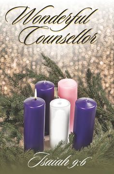 a christmas card with candles in front of a pine tree and the words, the prince of peace