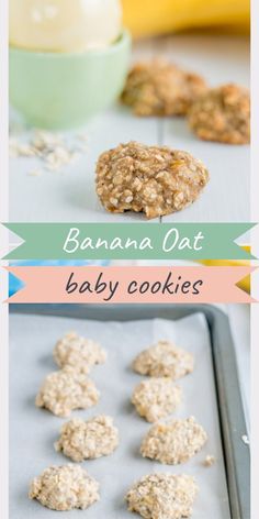 banana oat baby cookies on a cookie sheet with bananas in the background and text overlay