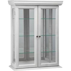 a white china cabinet with glass doors on the top and bottom shelves, both side - by - side