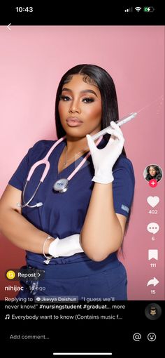 a woman in scrubs and gloves holding a syringe over her shoulder with the caption's name on it