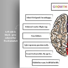 an image of a brain with the words growth minds written on it and two different sections labeled in red