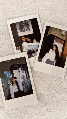 three polaroid photos of women sitting on a bed